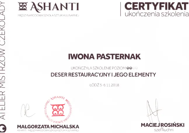Certyfikat Szkolenia Iwona Pasternak Karaś Pracownia Torty Złote Gryfice