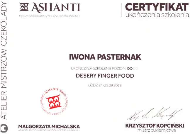 Certyfikat Szkolenia Iwona Pasternak Karaś Pracownia Torty Złote Gryfice