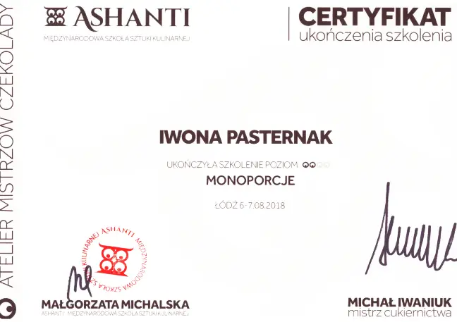 Certyfikat Szkolenia Iwona Pasternak Karaś Pracownia Torty Złote Gryfice