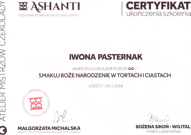 Certyfikat Szkolenia Iwona Pasternak Karaś Pracownia Torty Złote Gryfice