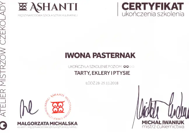 Certyfikat Szkolenia Iwona Pasternak Karaś Pracownia Torty Złote Gryfice