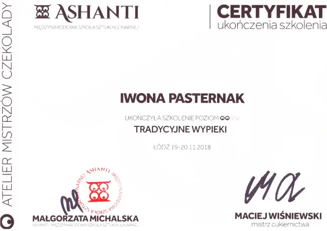 Certyfikat Szkolenia Iwona Pasternak Karaś Pracownia Torty Złote Gryfice