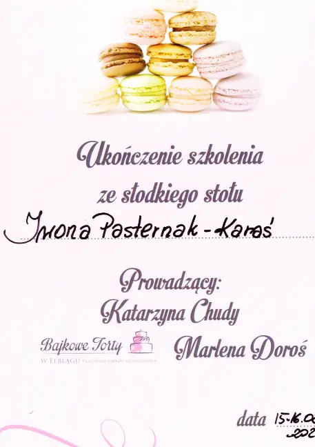 Certyfikat Szkolenia Iwona Pasternak Karaś Pracownia Torty Złote Gryfice