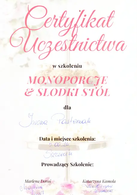 Certyfikat Szkolenia Iwona Pasternak Karaś Pracownia Torty Złote Gryfice