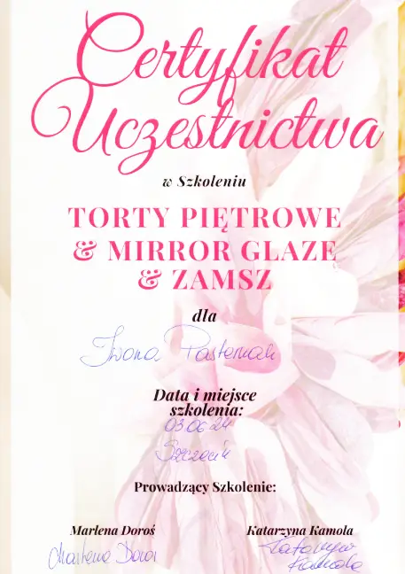Certyfikat Szkolenia Iwona Pasternak Karaś Pracownia Torty Złote Gryfice