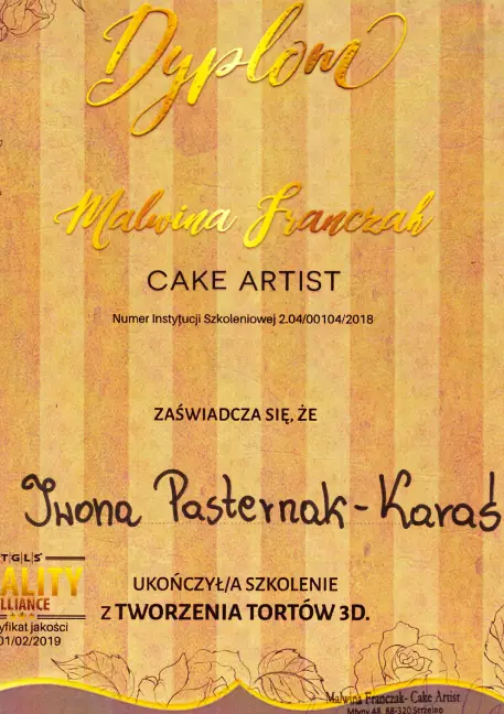 Certyfikat Szkolenia Iwona Pasternak Karaś Pracownia Torty Złote Gryfice