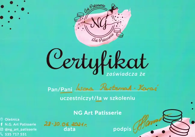 Certyfikat Szkolenia Iwona Pasternak Karaś Pracownia Torty Złote Gryfice