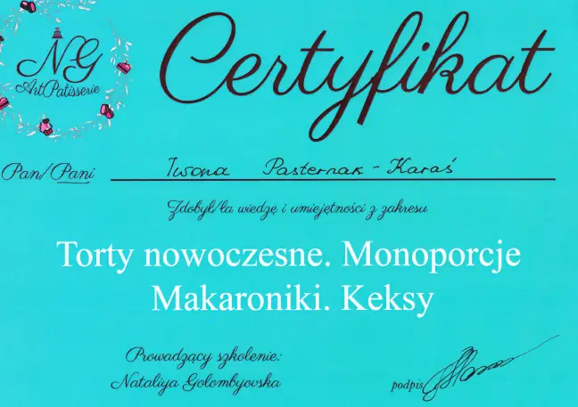 Certyfikat Szkolenia Iwona Pasternak Karaś Pracownia Torty Złote Gryfice