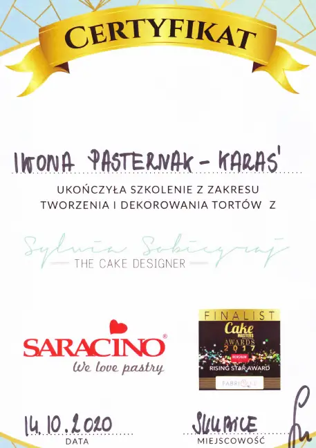 Certyfikat Szkolenia Iwona Pasternak Karaś Pracownia Torty Złote Gryfice