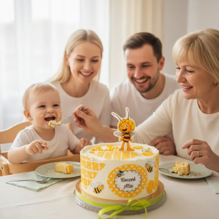 Rodzina z małym dzieckiem cieszy się pysznym tortem urodzinowym z pszczółką Mają przygotowanym przez Pracownię Cukierniczą Torty Złote Iwona Pasternak – Gryfice. Naturalne składniki, lekki krem i radość ze wspólnego świętowania