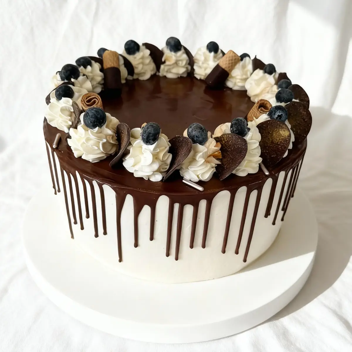 Tort z czekoladowym drapingiem, ciasteczkami, bitą śmietaną i borówkami – Pracownia Cukiernicza Torty Złote Iwona Pasternak Karaś