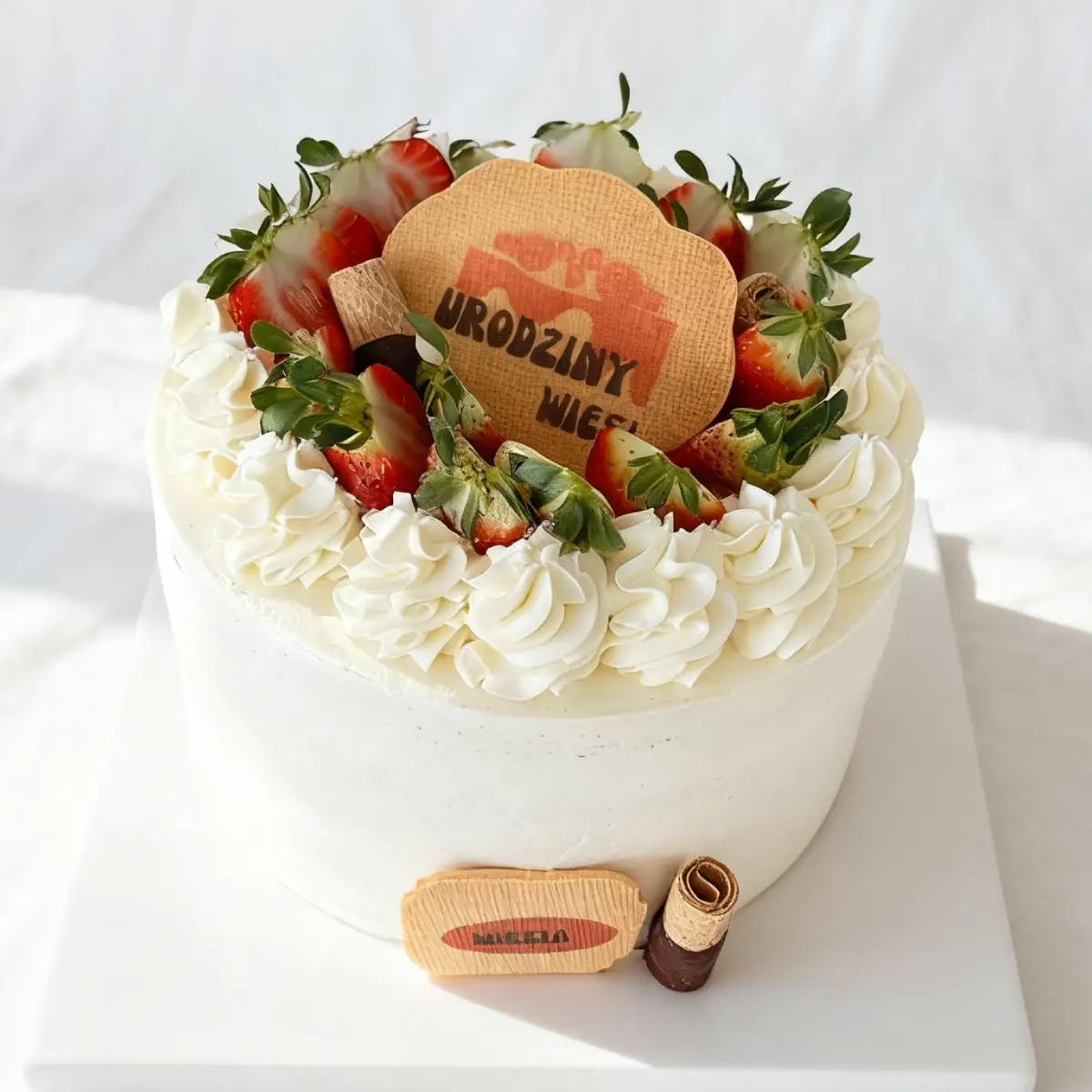 Tort urodzinowy z nadrukiem, owocami i ciasteczkami – Pracownia Cukiernicza Torty Złote Iwona Pasternak Karaś