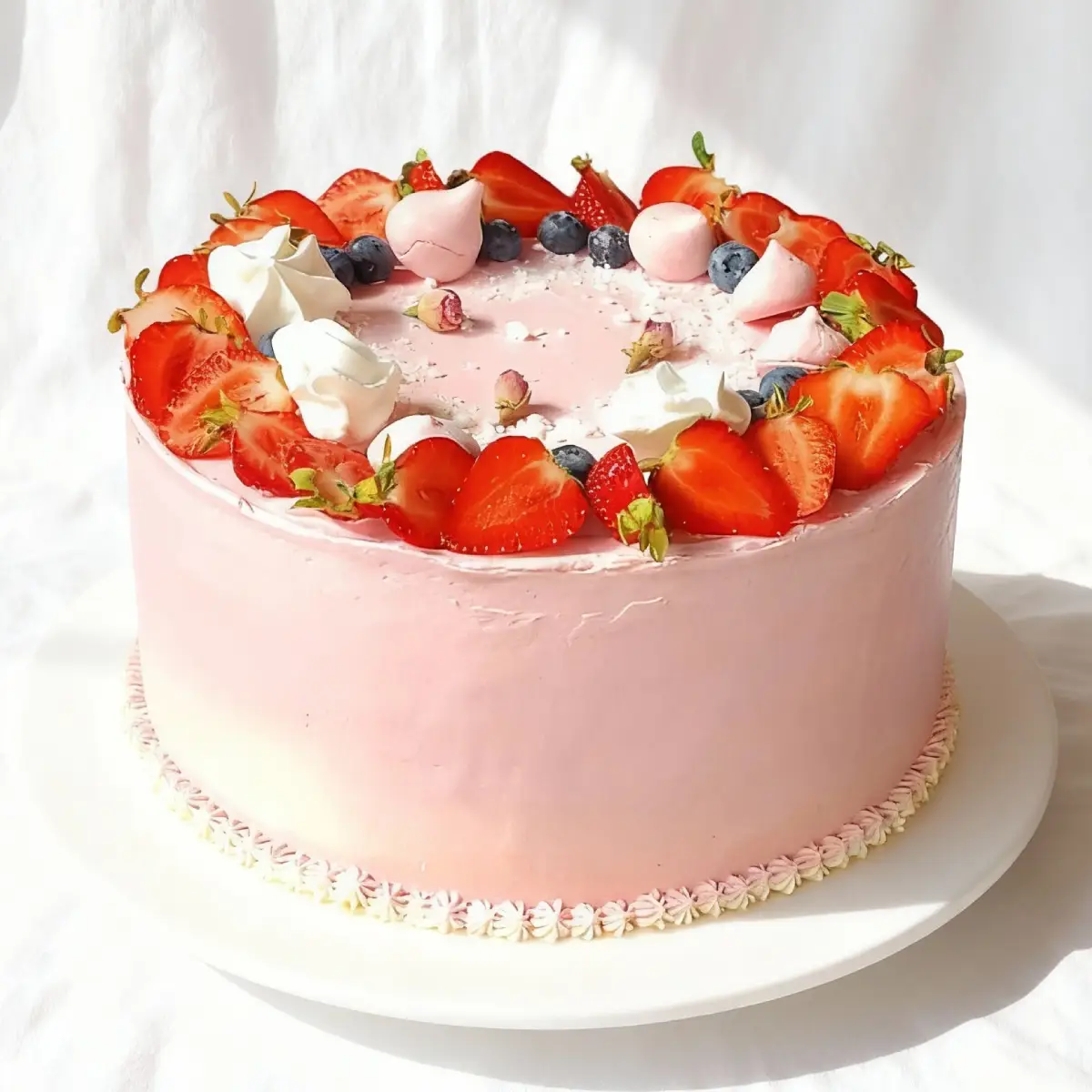 Różowy tort urodzinowy z owocami i płatkami róży – Pracownia Cukiernicza Torty Złote Iwona Pasternak Karaś