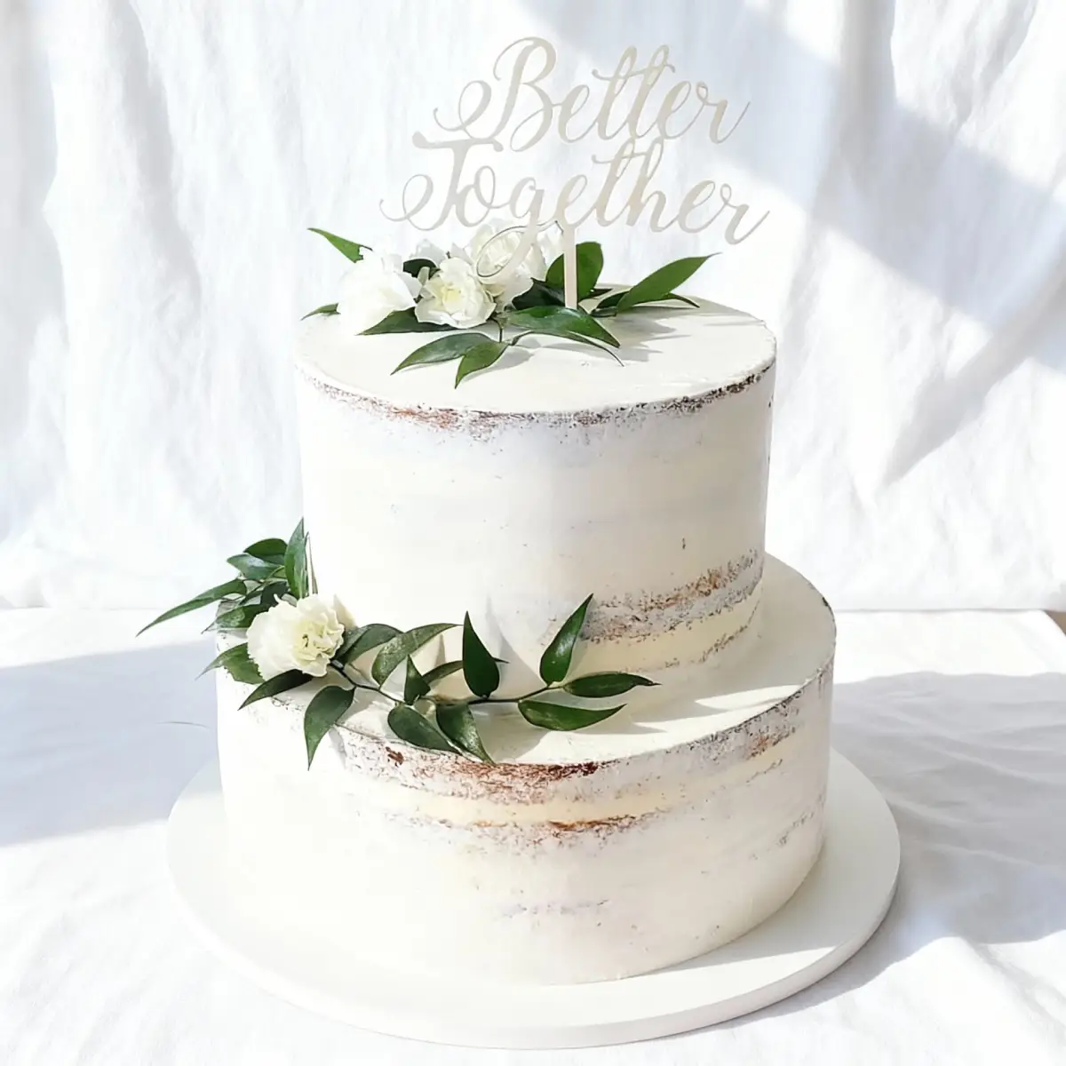 Tort weselny biały z zielonymi liściami, białymi kwiatami i topper - Torty Złote Gryfice Iwona Pasternak Karaś