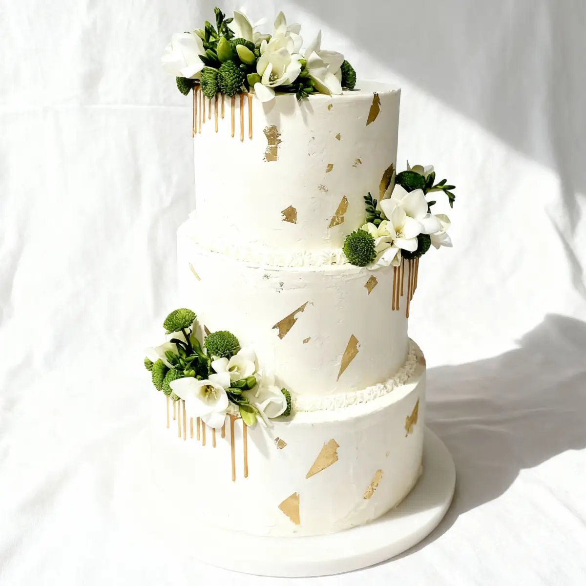 Tort weselny biały, złote akcenty z białymi kwiatami i zielonymi elementami - Torty Złote Gryfice Iwona Pasternak Karaś
