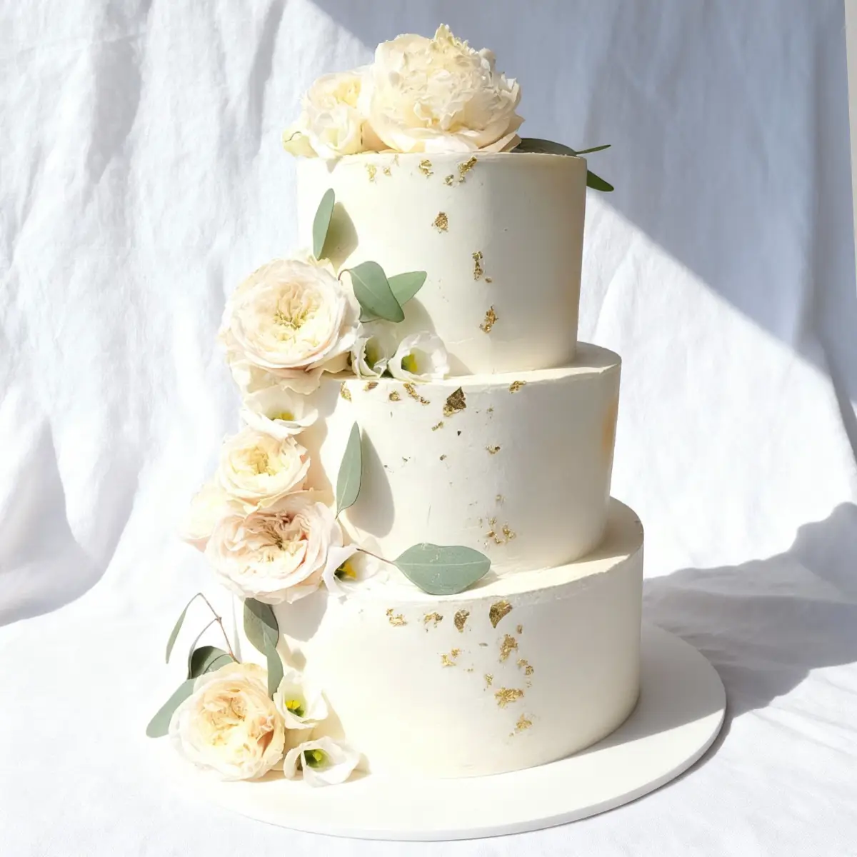 Tort weselny biały z białymi kwiatami i złotymi akcentami - Torty Złote Gryfice Iwona Pasternak Karaś