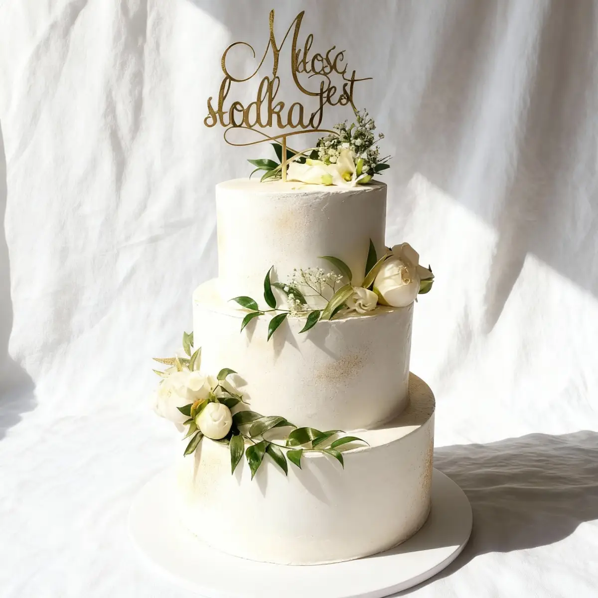 Tort weselny biały z zielonymi liściami, białymi kwiatami, piwonie i topper - Torty Złote Gryfice Iwona Pasternak Karaś