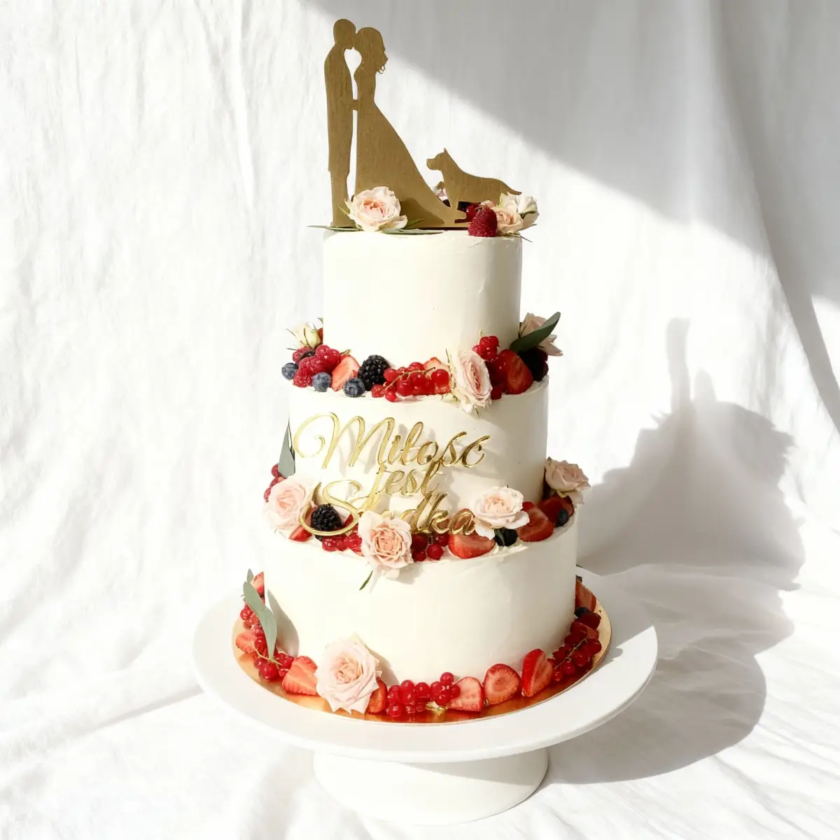 Tort weselny w kolorze białym, ozdobiony owocami leśnymi i różami, wykonany w Pracowni Torty Złote – Iwona Pasternak-Karaś (Gryfice)