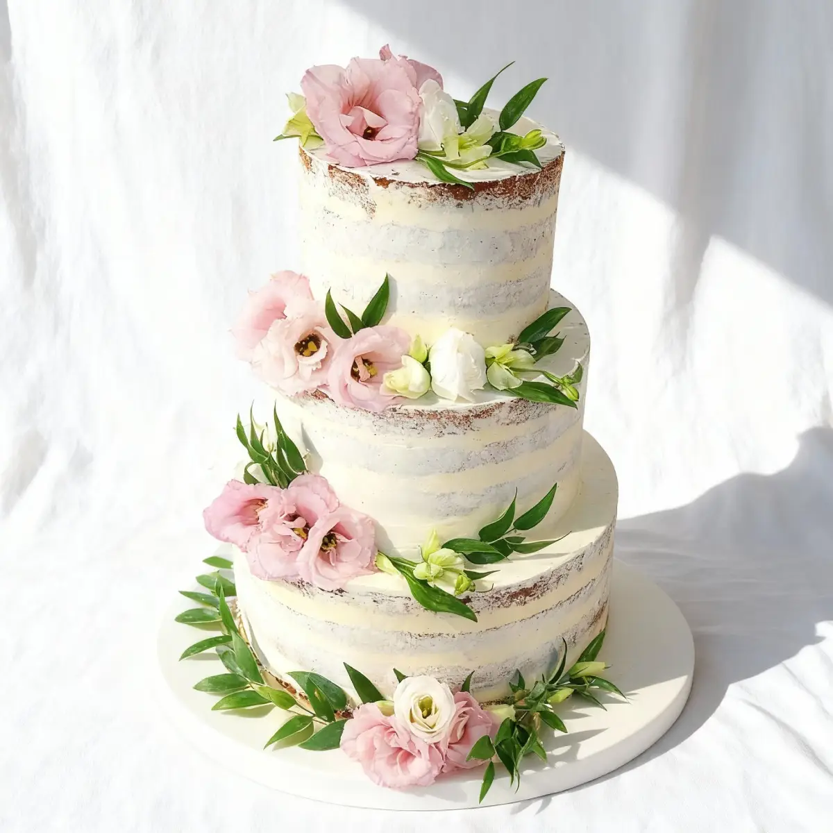 Tort weselny biały z różowymi kwiatami i zielonymi liściami - Torty Złote Gryfice Iwona Pasternak Karaś
