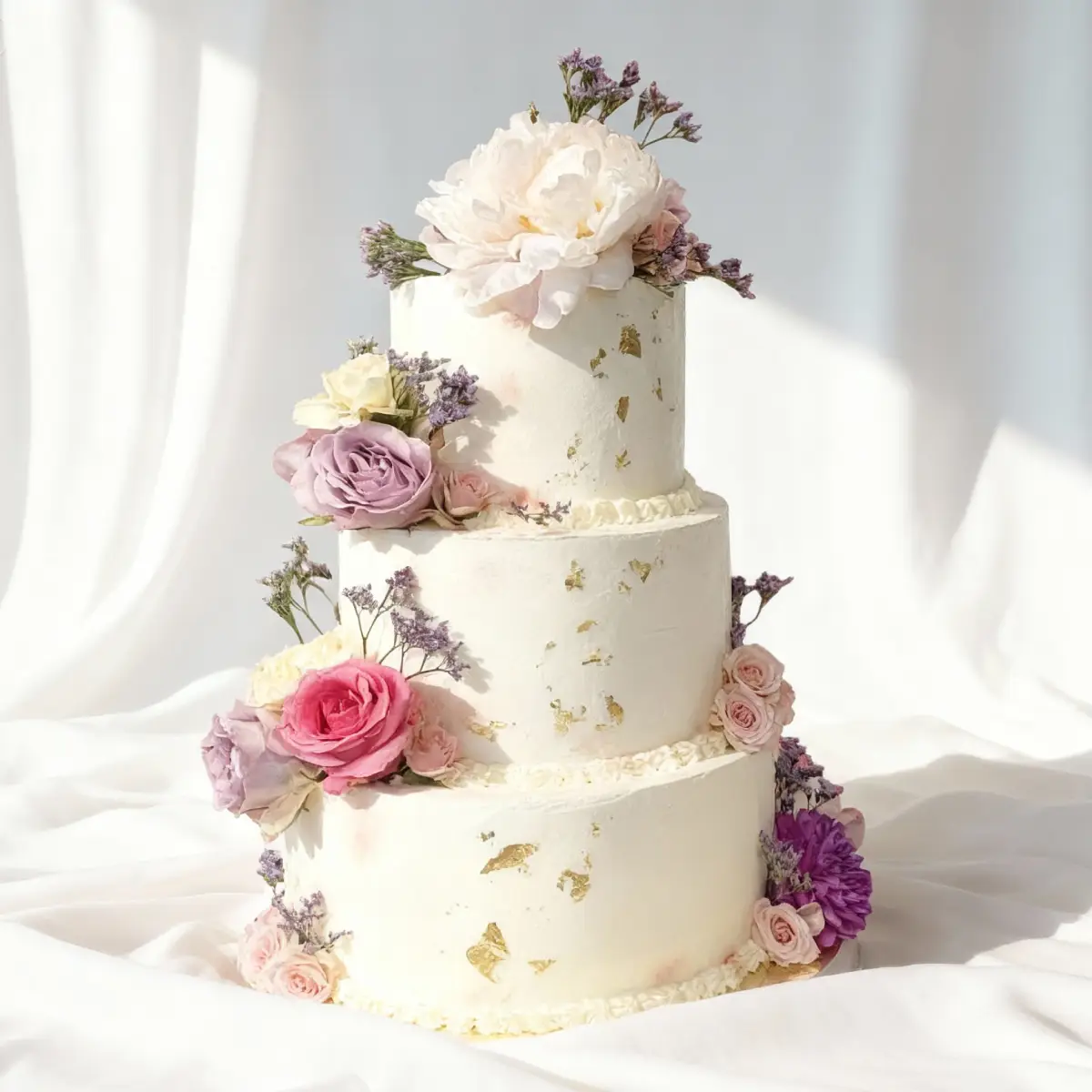 Tort weselny w pastelowych kolorach z różami, piwoniami i złotymi płatkami, wykonany w Pracowni Torty Złote – Iwona Pasternak-Karaś (Gryfice)